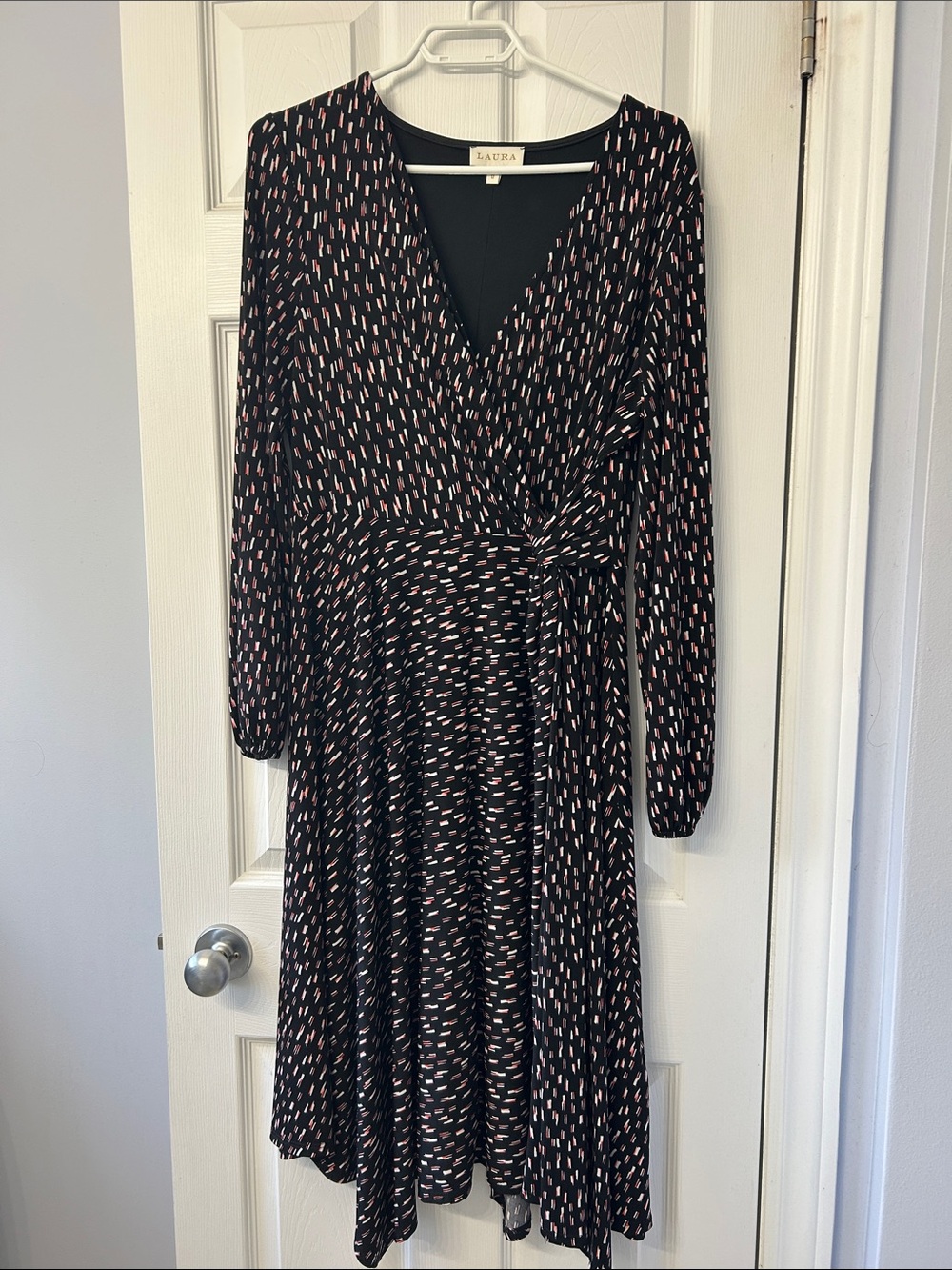 LAURA Black Long-Sleeve Wrap Dress with white and red accents